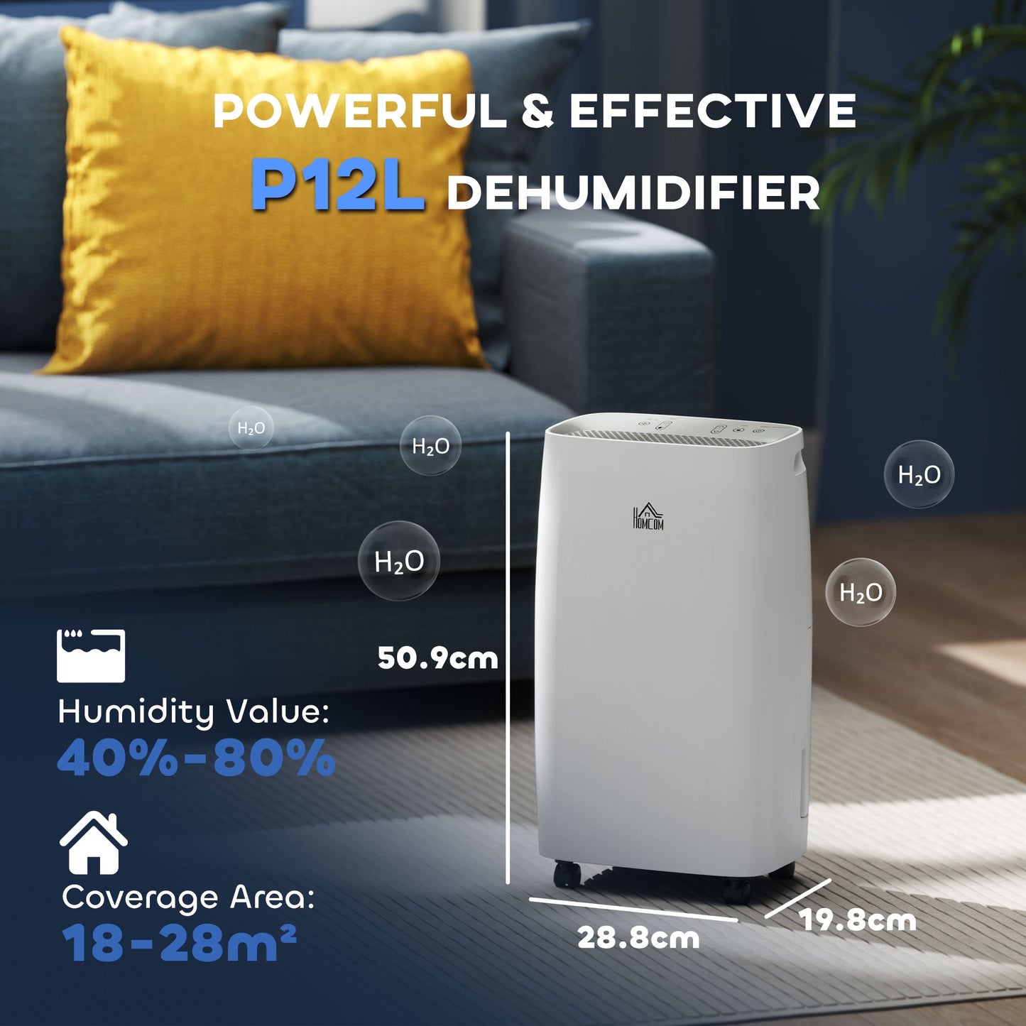 Osuszacz powietrza HOMCOM 12 l/dzień z ciągłym drenażem, zbiornik na wodę 2,5 l, 24-godzinny timer, wyświetlacz wilgotności, do suszenia wilgoci w domu, kondensacji, pleśni i prania, biały