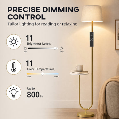 HOMCOM Modern Floor Lamp with Shelf, Dimmable Floor Lamp with Linen Shade, RF Remote and Foot Switch for Living Room, Gold Tone