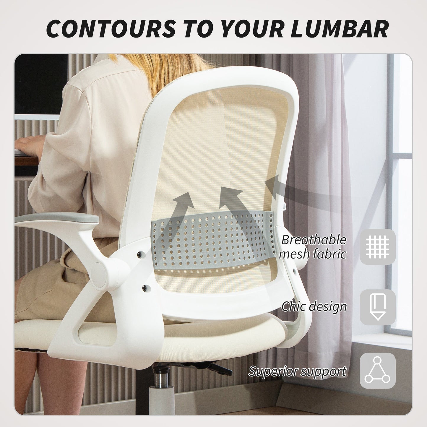 HOMCOM Breathable Mesh Office Chair, Ergonomic Swivel Computer Chair with Flip-up Armrests, Lumbar Back Support for Home/Office, White