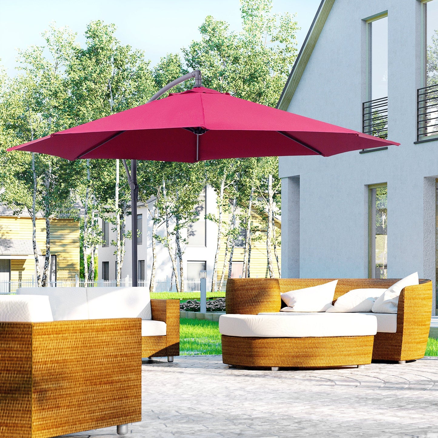 Outsunny 3(m) Garden Banana Parasol Hanging Cantilever Umbrella with Crank Handle and Cross Base for Outdoor, Sun Shade, Wine Red