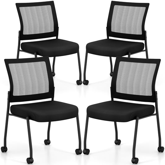 Stackable Armless Waiting Room Guest Chair with Wheels Set of 4-Black