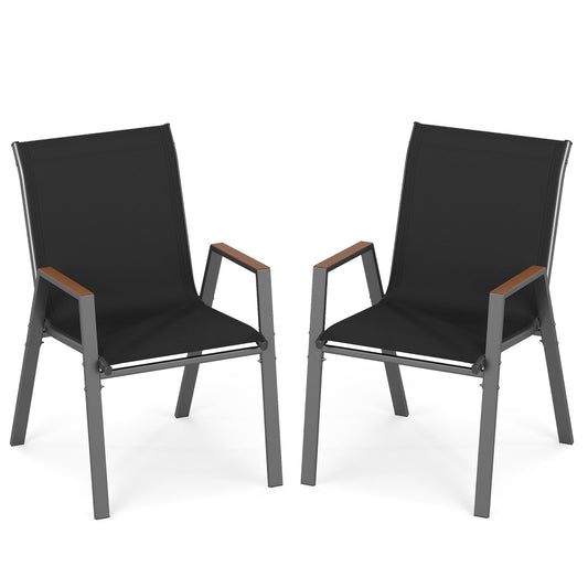 Stackable Patio Chairs Set of 2 Outdoor Breathable Fabric Dining Chairs with High Backs-Black