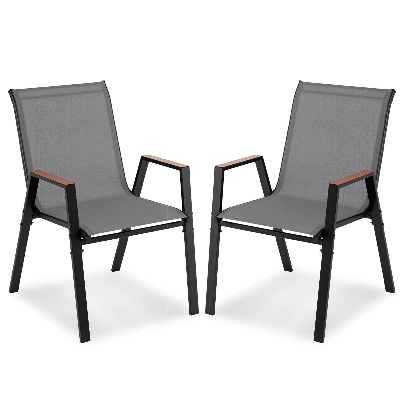 Stackable Patio Chairs Set of 2 Outdoor Breathable Fabric Dining Chairs with High Backs-Grey