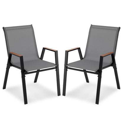 Stackable Patio Chairs Set of 2 Outdoor Breathable Fabric Dining Chairs with High Backs-Grey