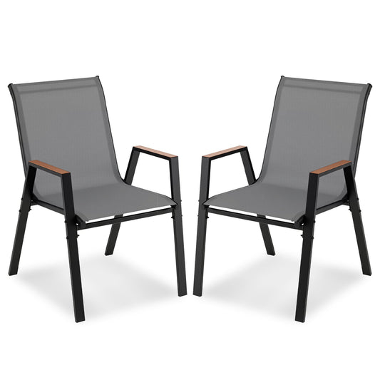 Stackable Patio Chairs Set of 2 Outdoor Breathable Fabric Dining Chairs with High Backs-Grey