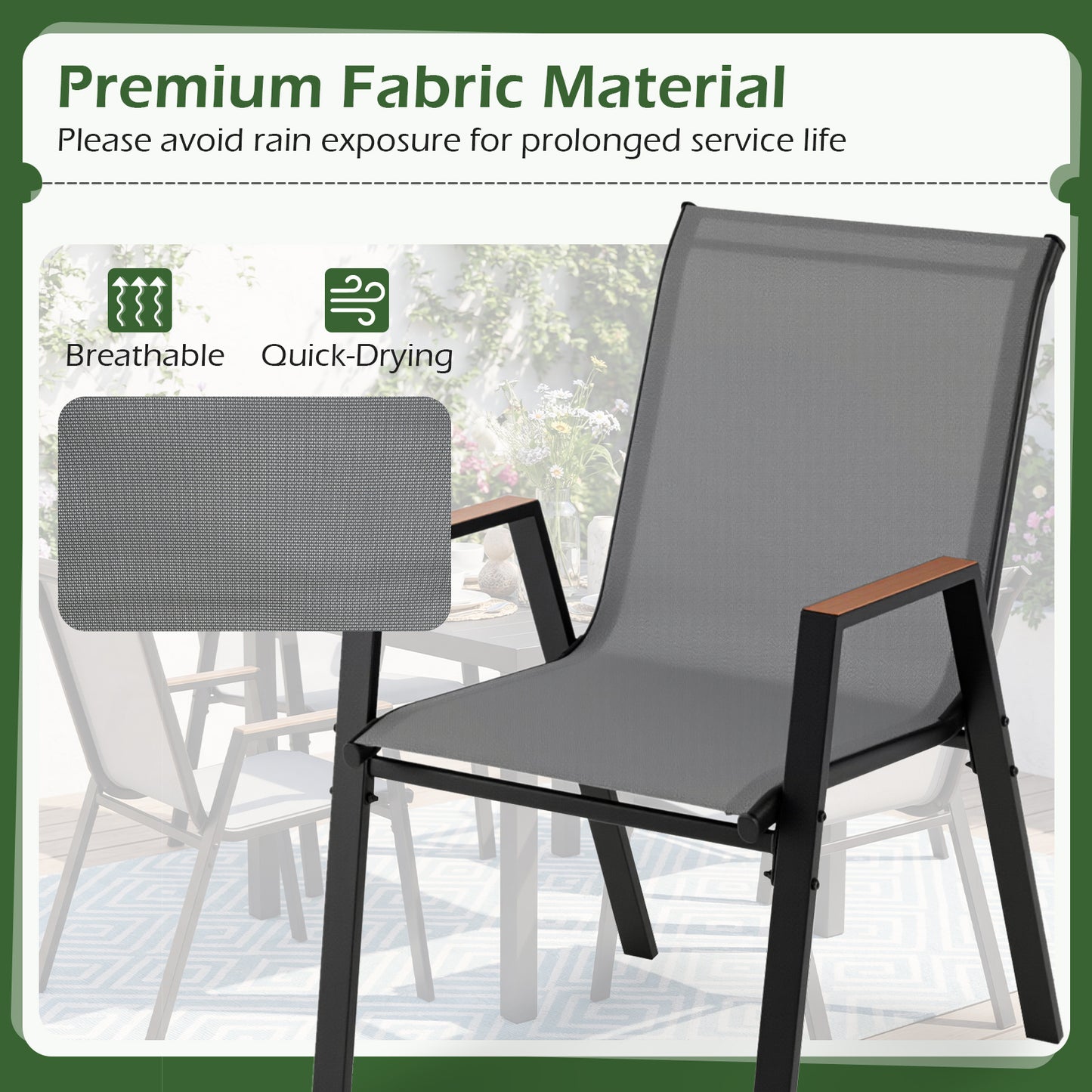 Stackable Patio Chairs Set of 2 Outdoor Breathable Fabric Dining Chairs with High Backs-Grey