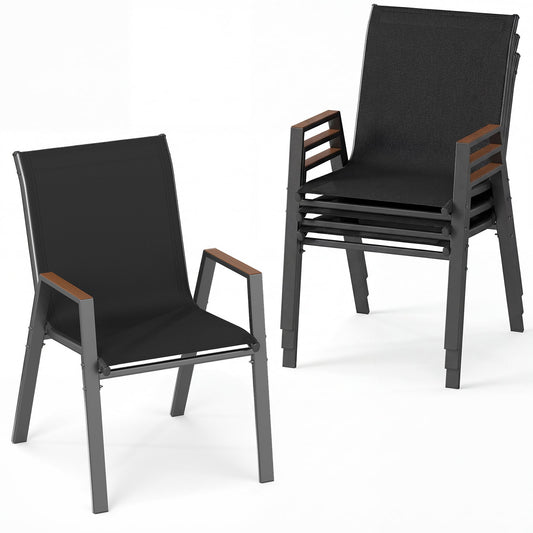 Stackable Patio Chairs Set of 4 Outdoor Breathable Fabric Dining Chairs with High Backs-Black