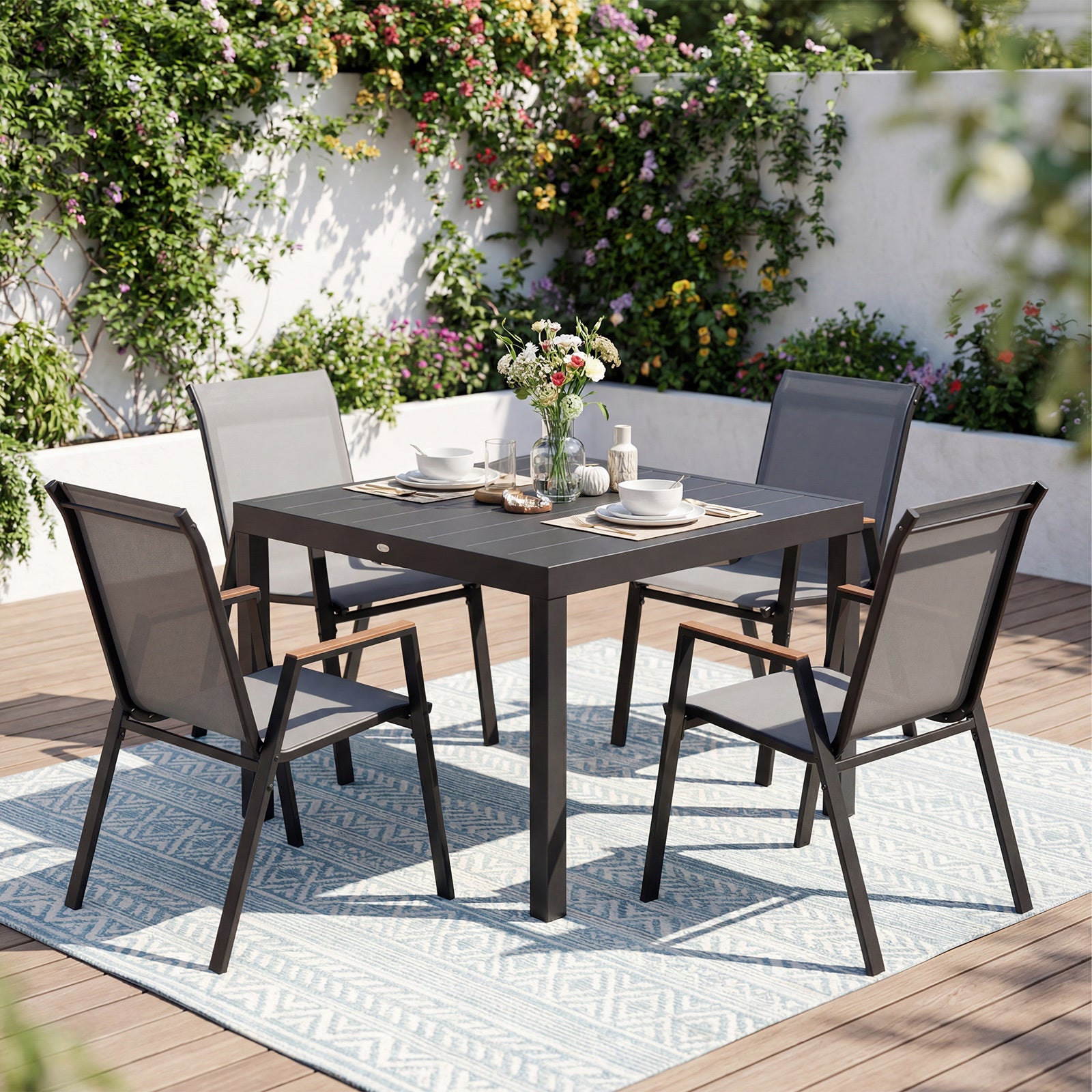 Stackable Patio Chairs Set of 4 Outdoor Breathable Fabric Dining Chairs with High Backs-Grey