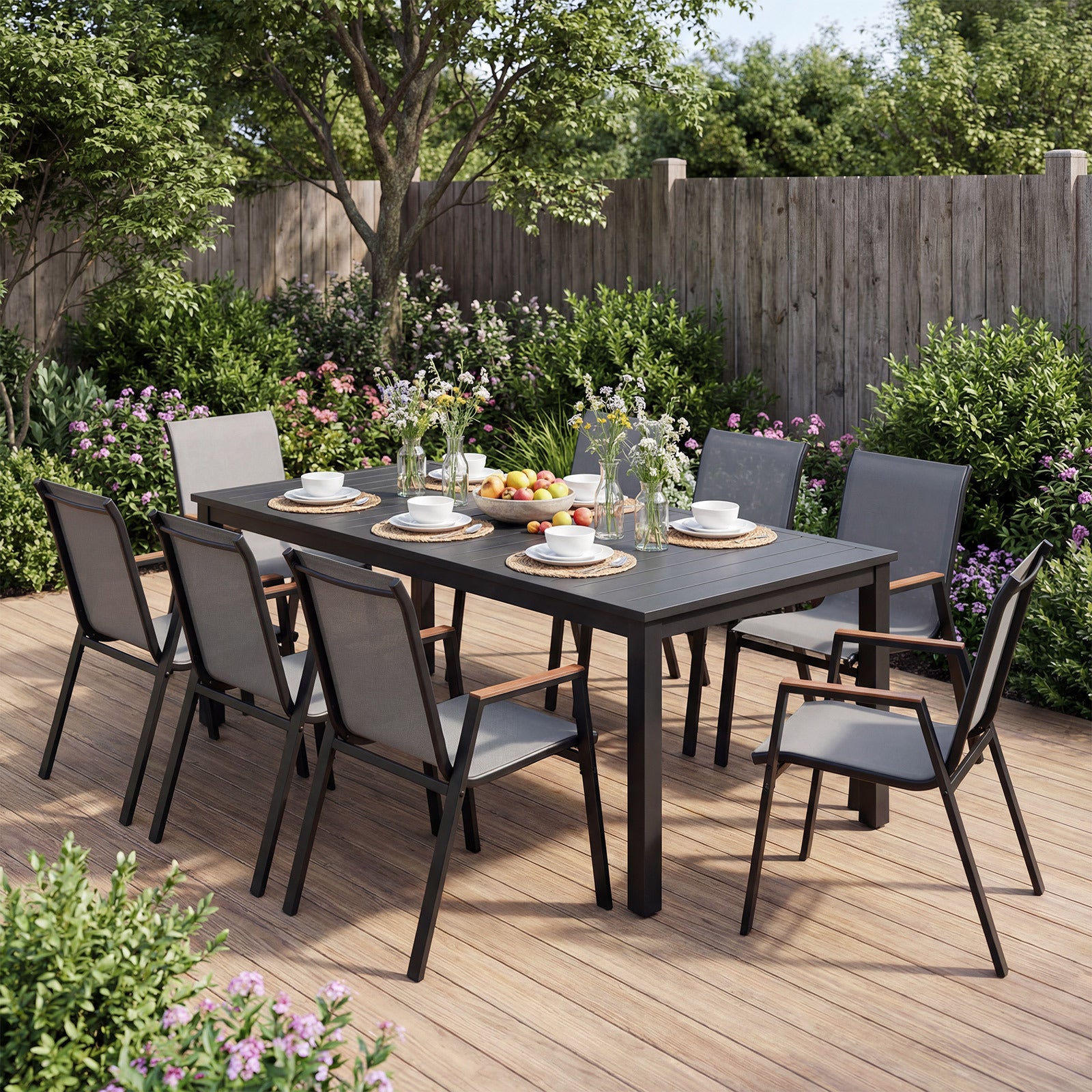 Stackable Patio Chairs Set of 4 Outdoor Breathable Fabric Dining Chairs with High Backs-Grey