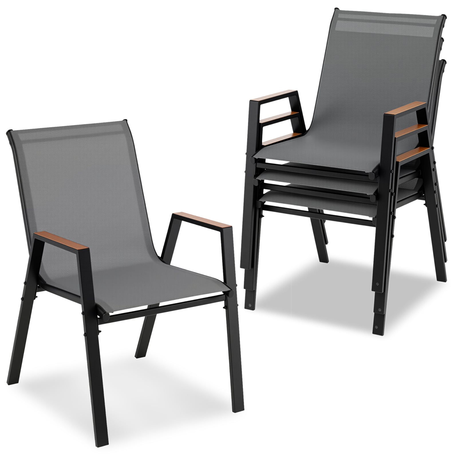 Stackable Patio Chairs Set of 4 Outdoor Breathable Fabric Dining Chairs with High Backs-Grey