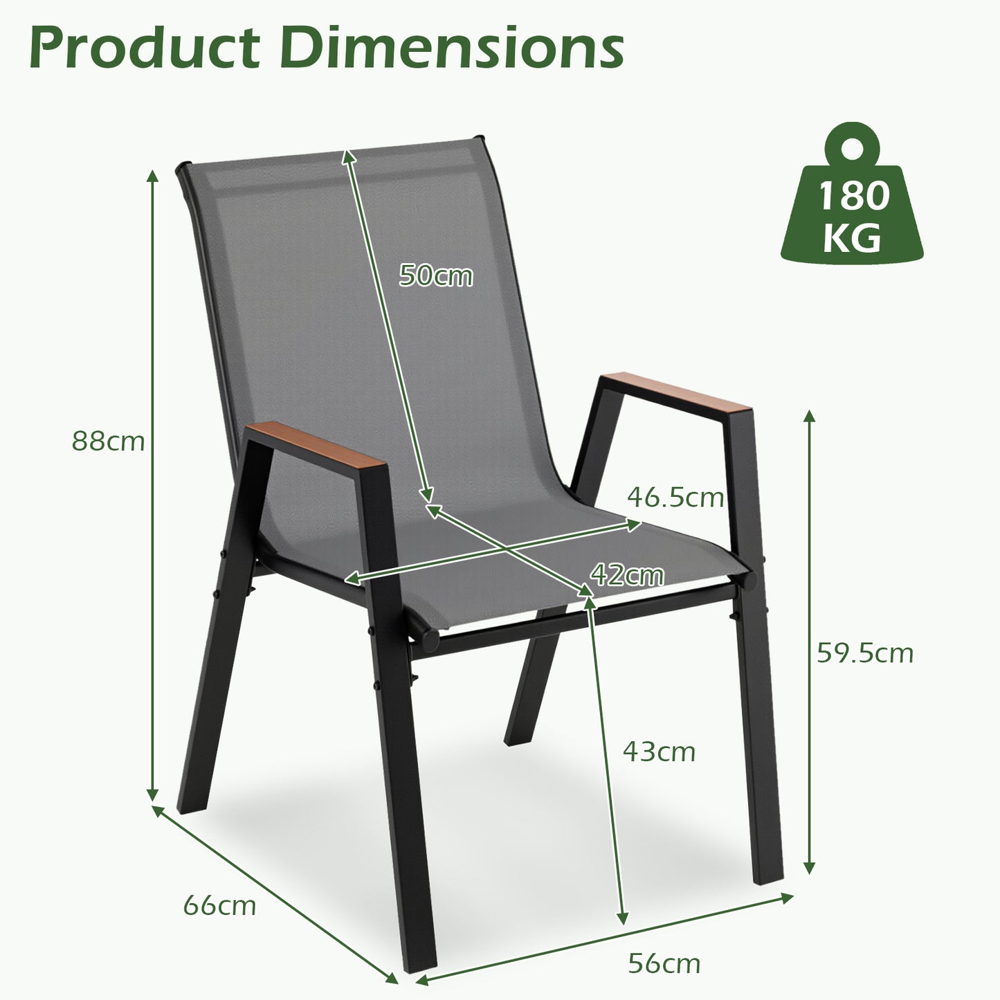 Stackable Patio Chairs Set of 4 Outdoor Breathable Fabric Dining Chairs with High Backs-Grey