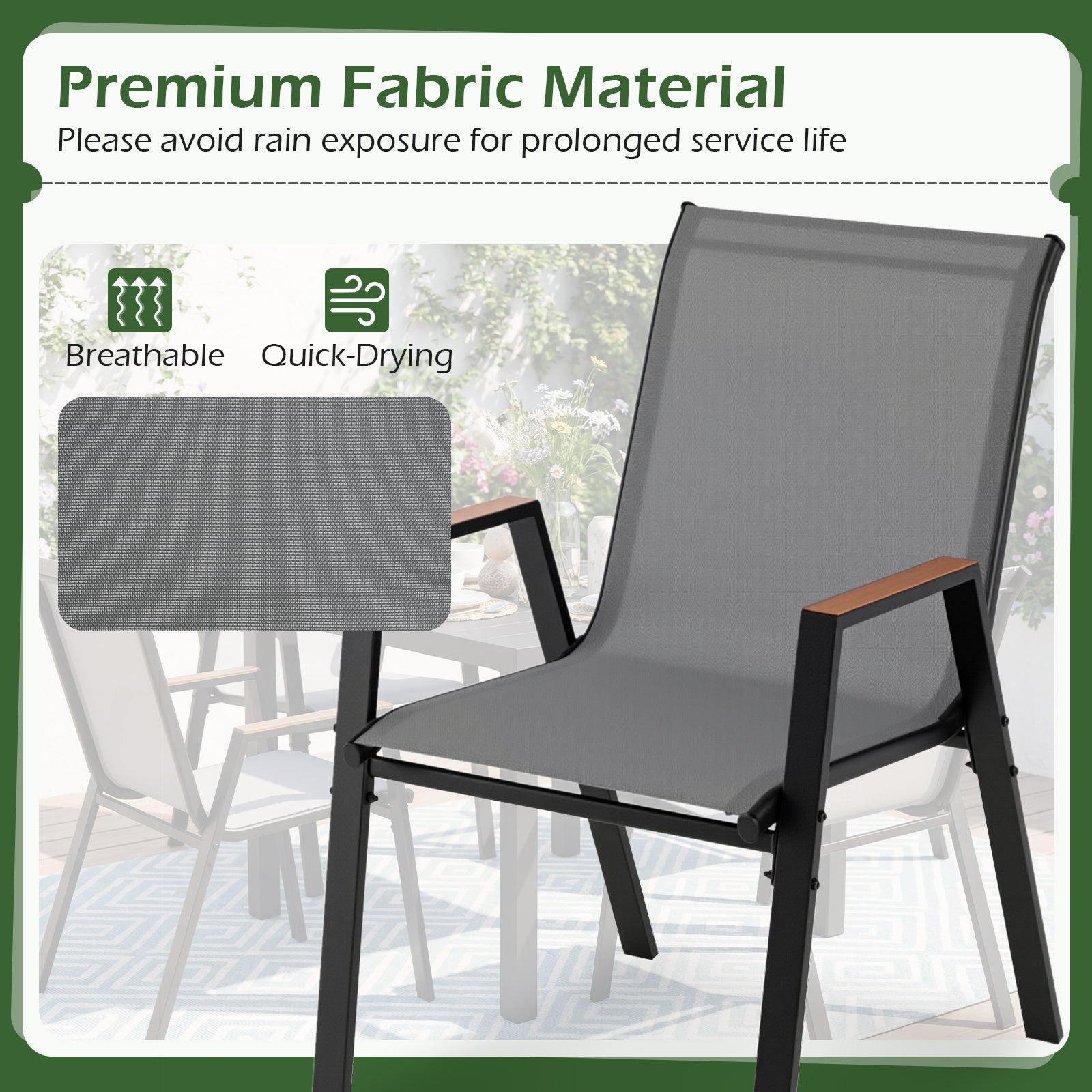 Stackable Patio Chairs Set of 4 Outdoor Breathable Fabric Dining Chairs with High Backs-Grey