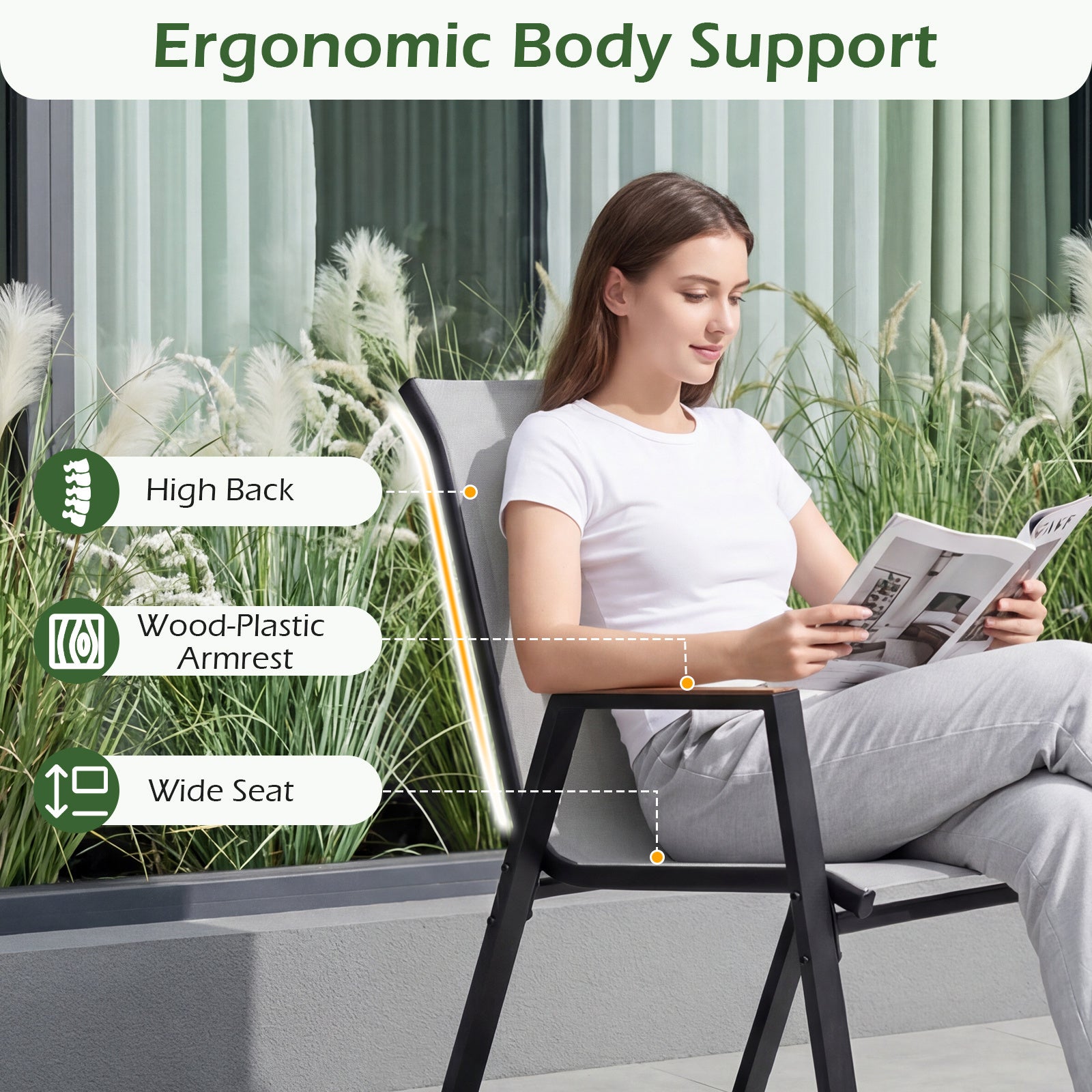 Stackable Patio Chairs Set of 4 Outdoor Breathable Fabric Dining Chairs with High Backs-Grey