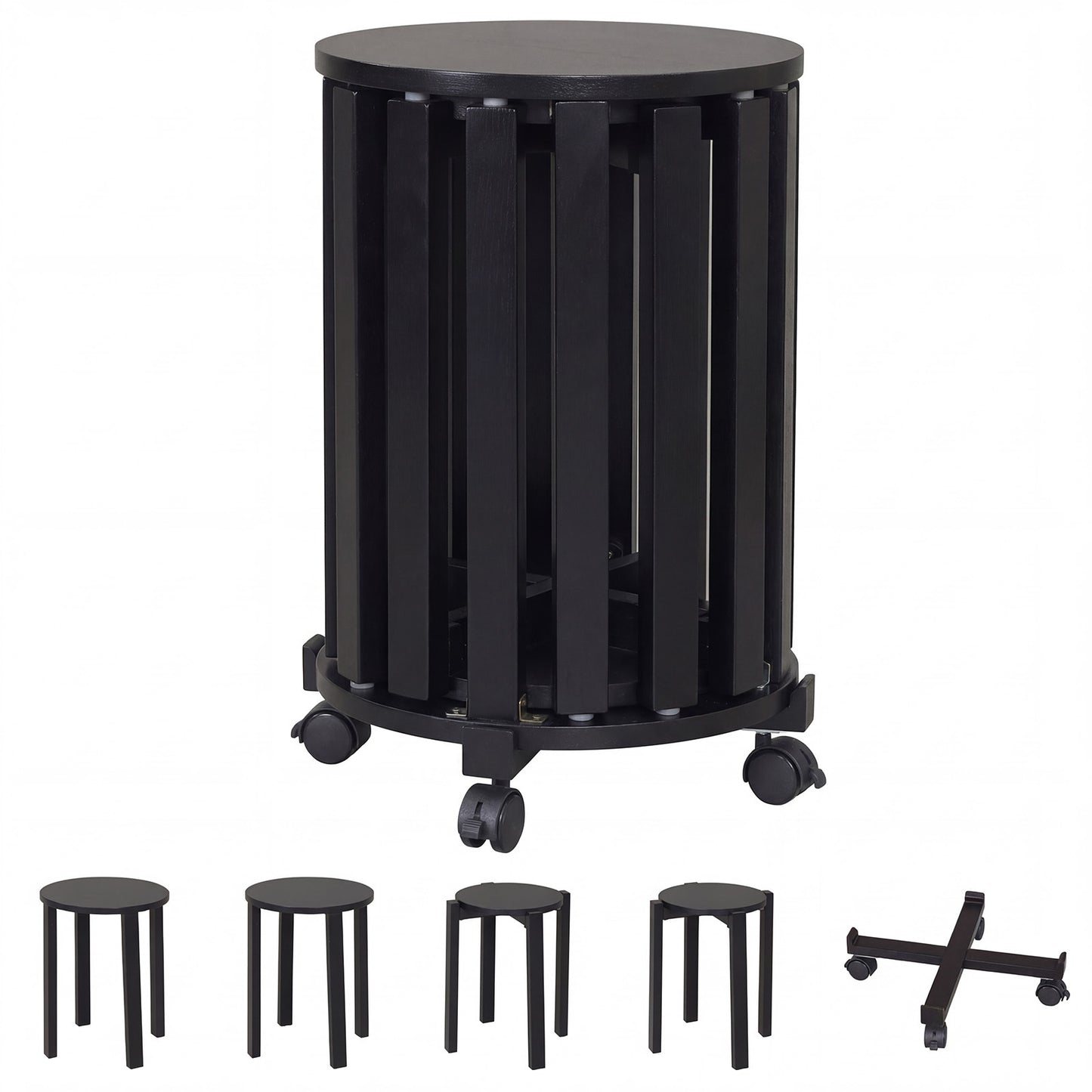 Stackable Stools Set of 4 with Rolling Base Solid Rubber Wood Nesting Stools-Black