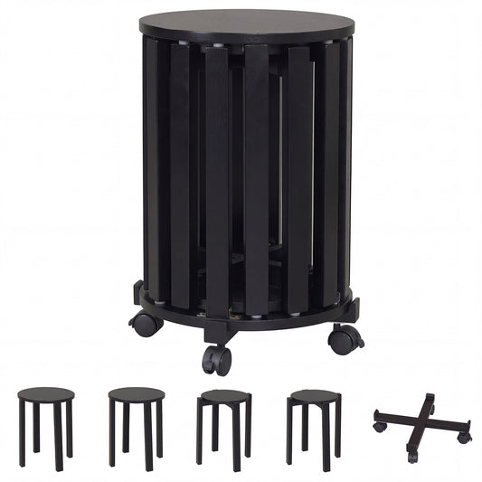 Stackable Stools Set of 4 with Rolling Base Solid Rubber Wood Nesting Stools-Black