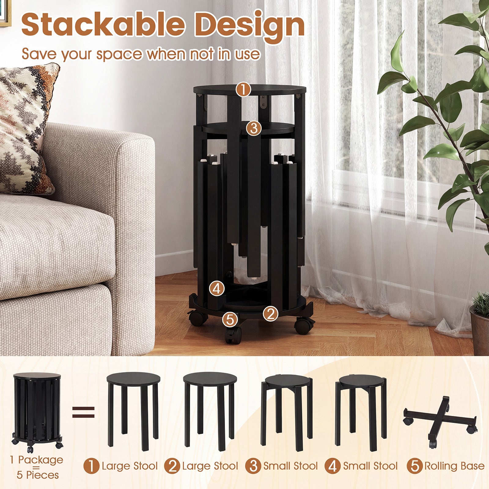 Stackable Stools Set of 4 with Rolling Base Solid Rubber Wood Nesting Stools-Black