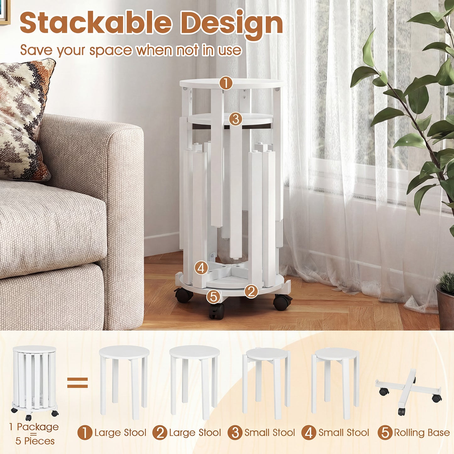 Stackable Stools Set of 4 with Rolling Base Solid Rubber Wood Nesting Stools-White