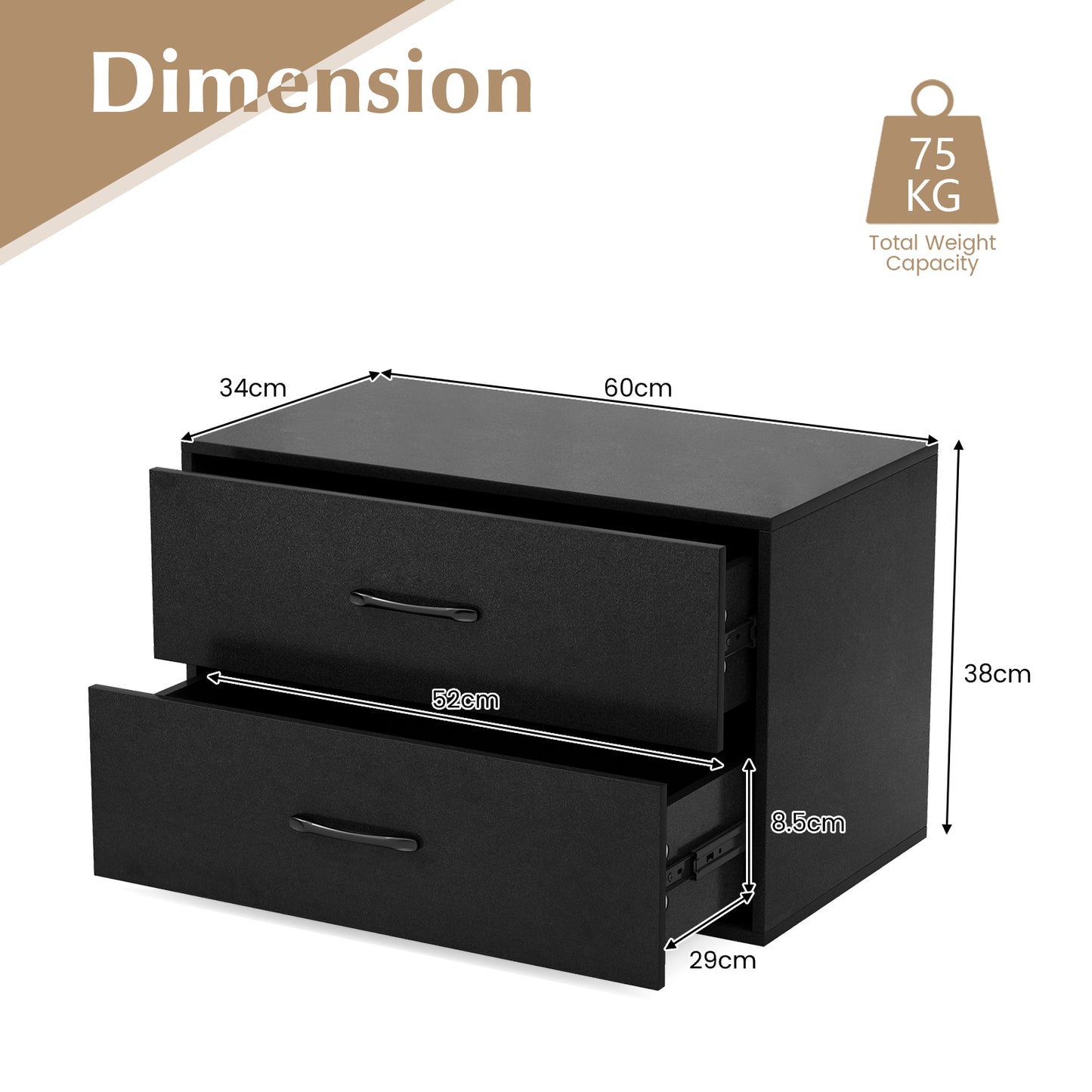 Stackable 2-Drawer Dresser with Anti-scratch Pads and Anti-tipping Devices-Black