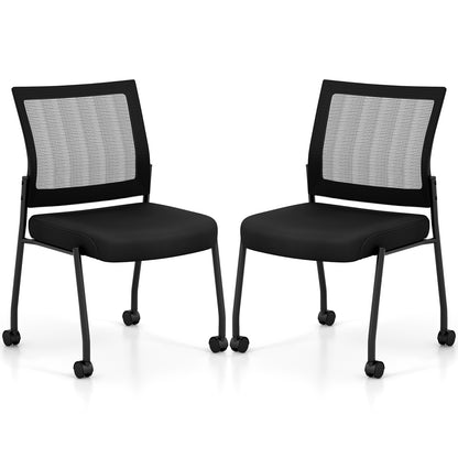 Stackable Armless Waiting Room Guest Chair with Wheels Set of 2-Black