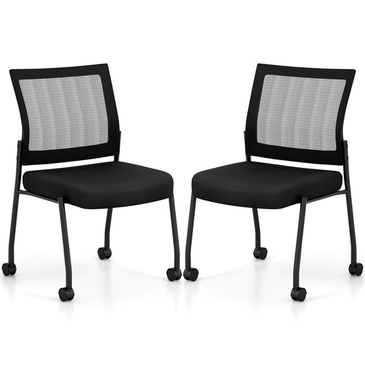 Stackable Armless Waiting Room Guest Chair with Wheels Set of 2-Black
