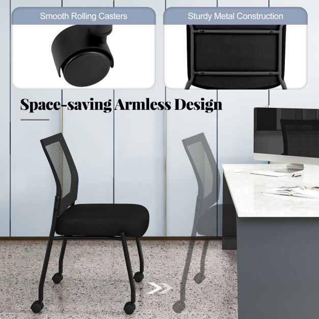 Stackable Armless Waiting Room Guest Chair with Wheels Set of 2-Black