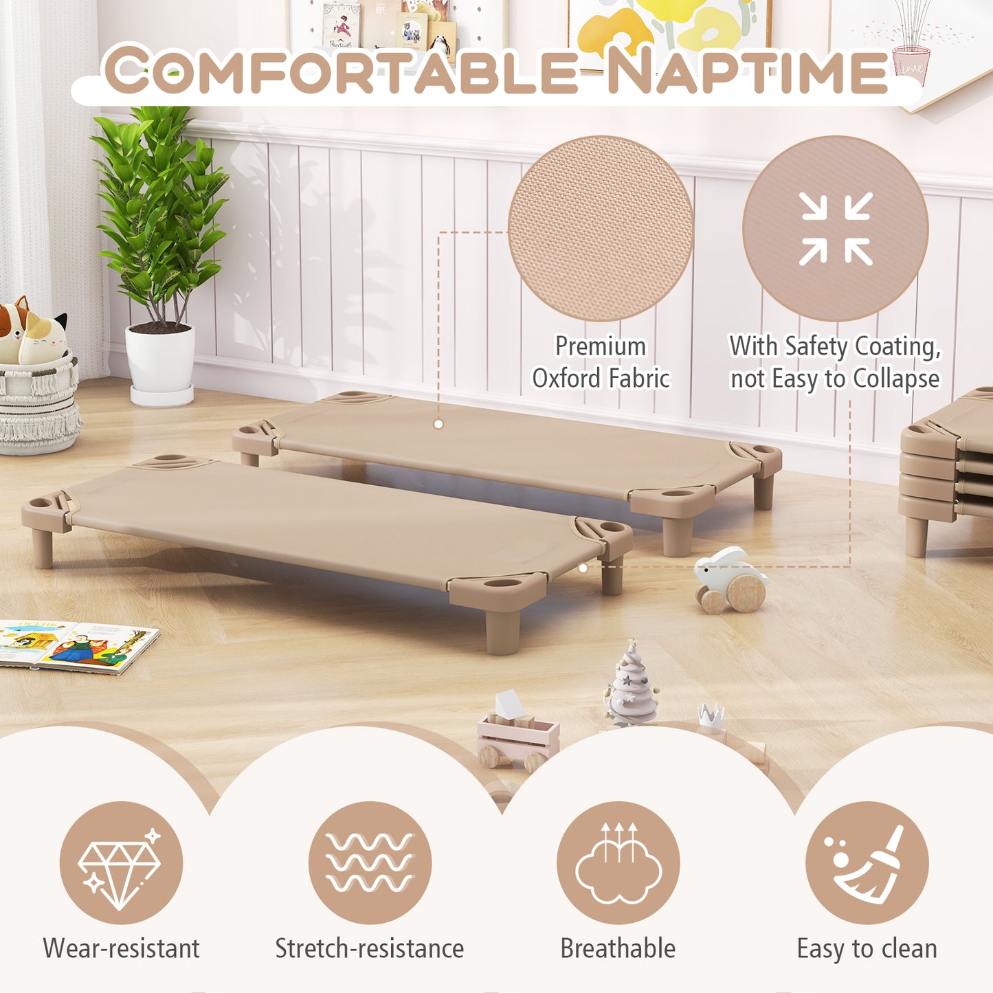 Stackable Kids Nap Cot with Easy Lift Corner for Preschool Boys Girls-Beige