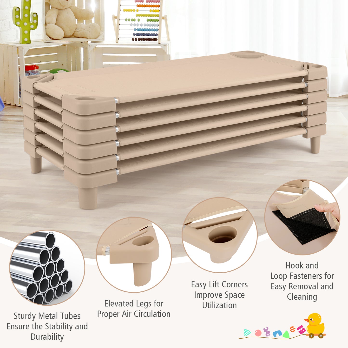 Stackable Kids Nap Cot with Easy Lift Corner for Preschool Boys Girls-Beige