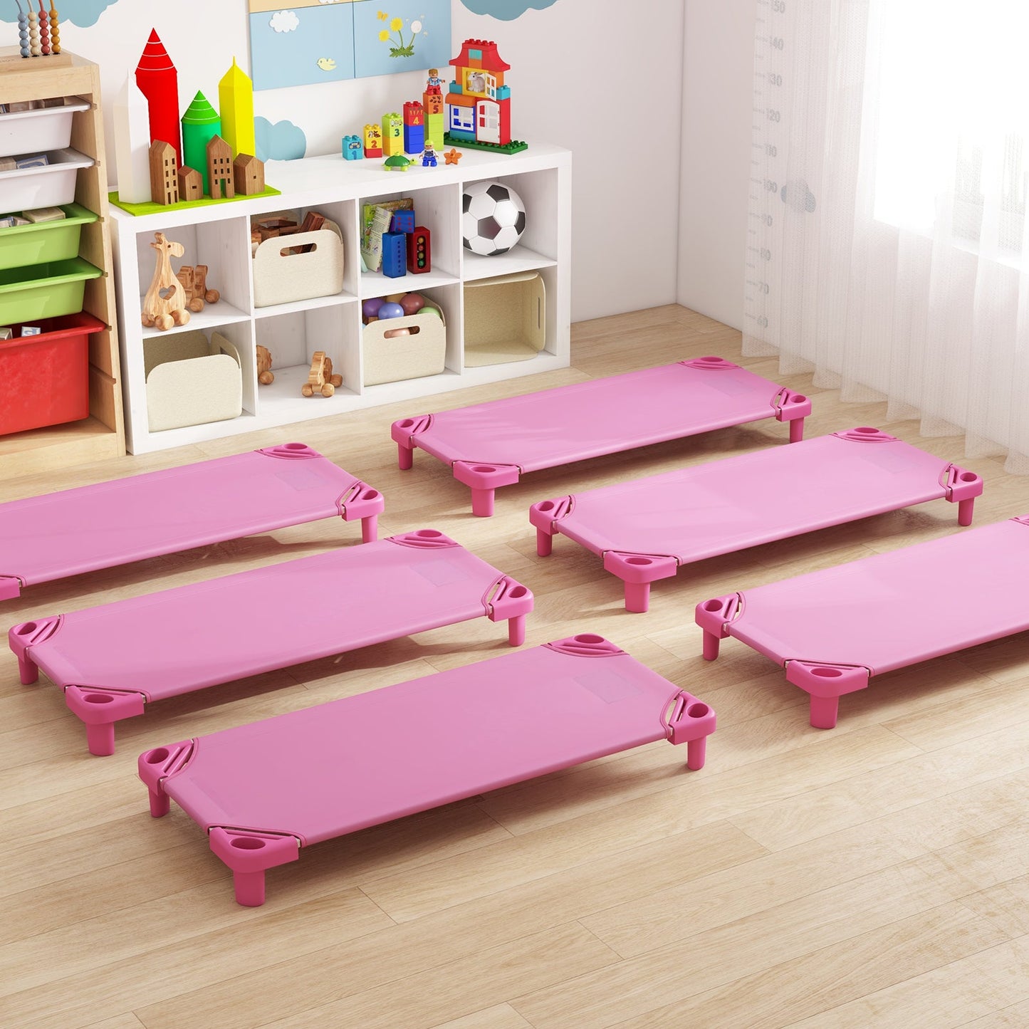 Stackable Kids Nap Cot with Easy Lift Corner for Preschool Boys Girls-Pink
