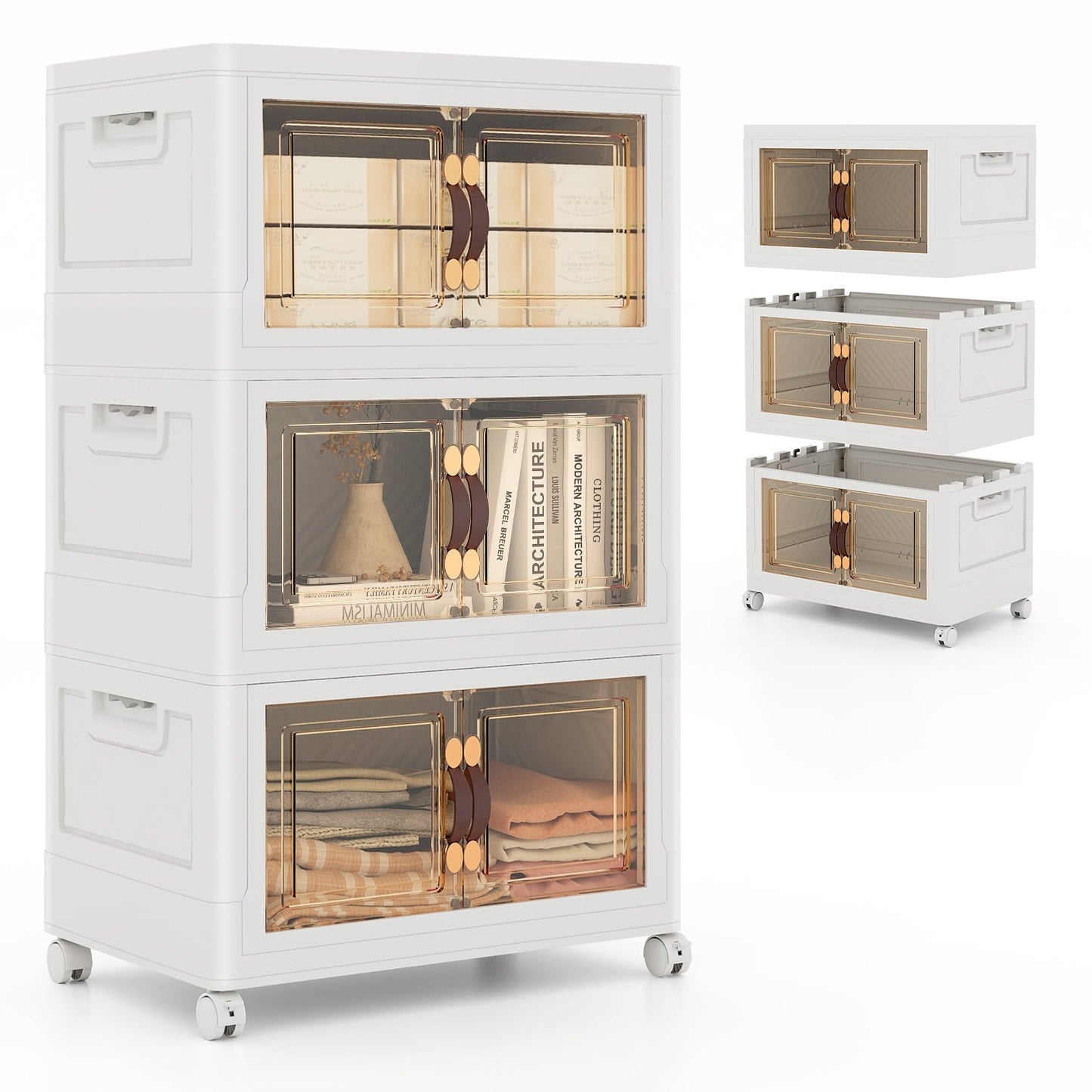 Folding 3 Pack PP 157 L Stackable Storage Bins with Lockable Wheels-White