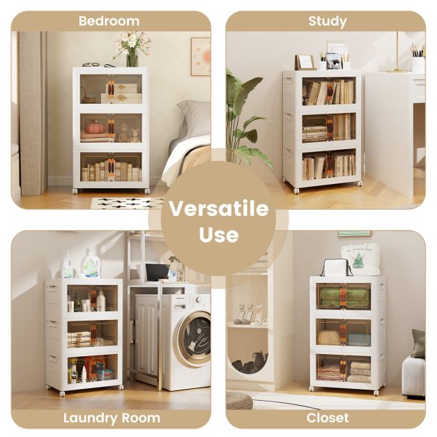 Folding 3 Pack PP 157 L Stackable Storage Bins with Lockable Wheels-White