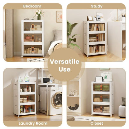 Folding 3 Pack PP 157 L Stackable Storage Bins with Lockable Wheels-White