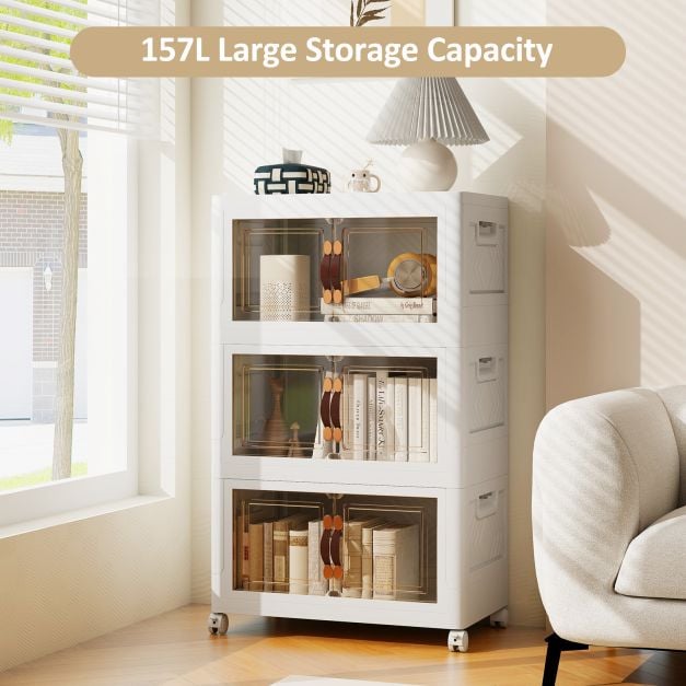 Folding 3 Pack PP 157 L Stackable Storage Bins with Lockable Wheels-White