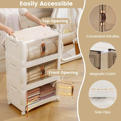 Folding 3 Pack PP 157 L Stackable Storage Bins with Lockable Wheels-White