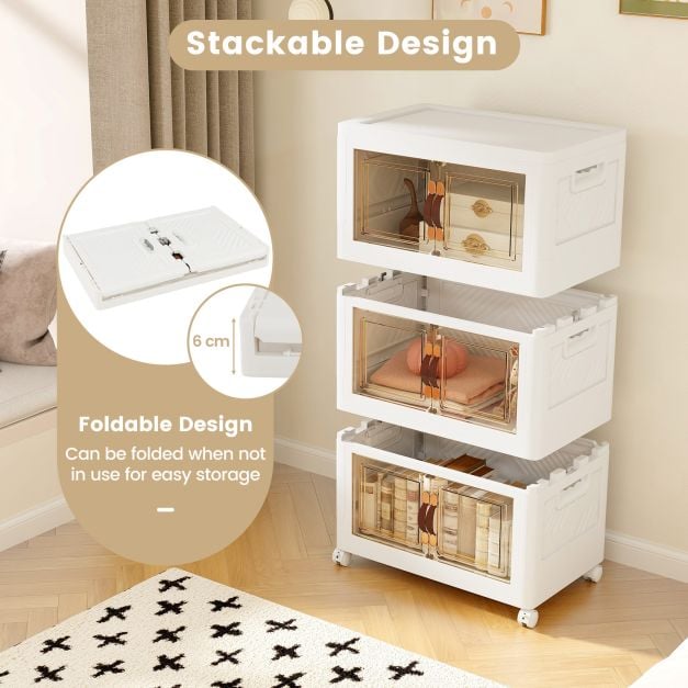 Folding 3 Pack PP 157 L Stackable Storage Bins with Lockable Wheels-White