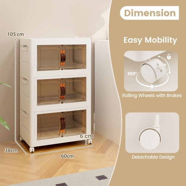 Folding 3 Pack PP 157 L Stackable Storage Bins with Lockable Wheels-White