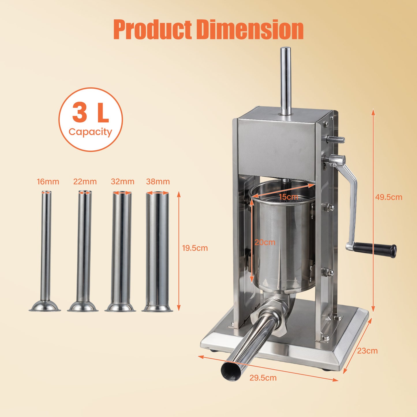 Stainless Steel Meat Filling Machine with 2 Speeds and 4 Stuffing Tubes for Home-3L