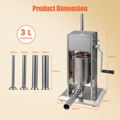 Stainless Steel Meat Filling Machine with 2 Speeds and 4 Stuffing Tubes for Home-3L