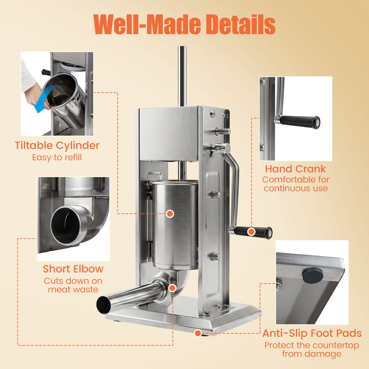 Stainless Steel Meat Filling Machine with 2 Speeds and 4 Stuffing Tubes for Home-3L