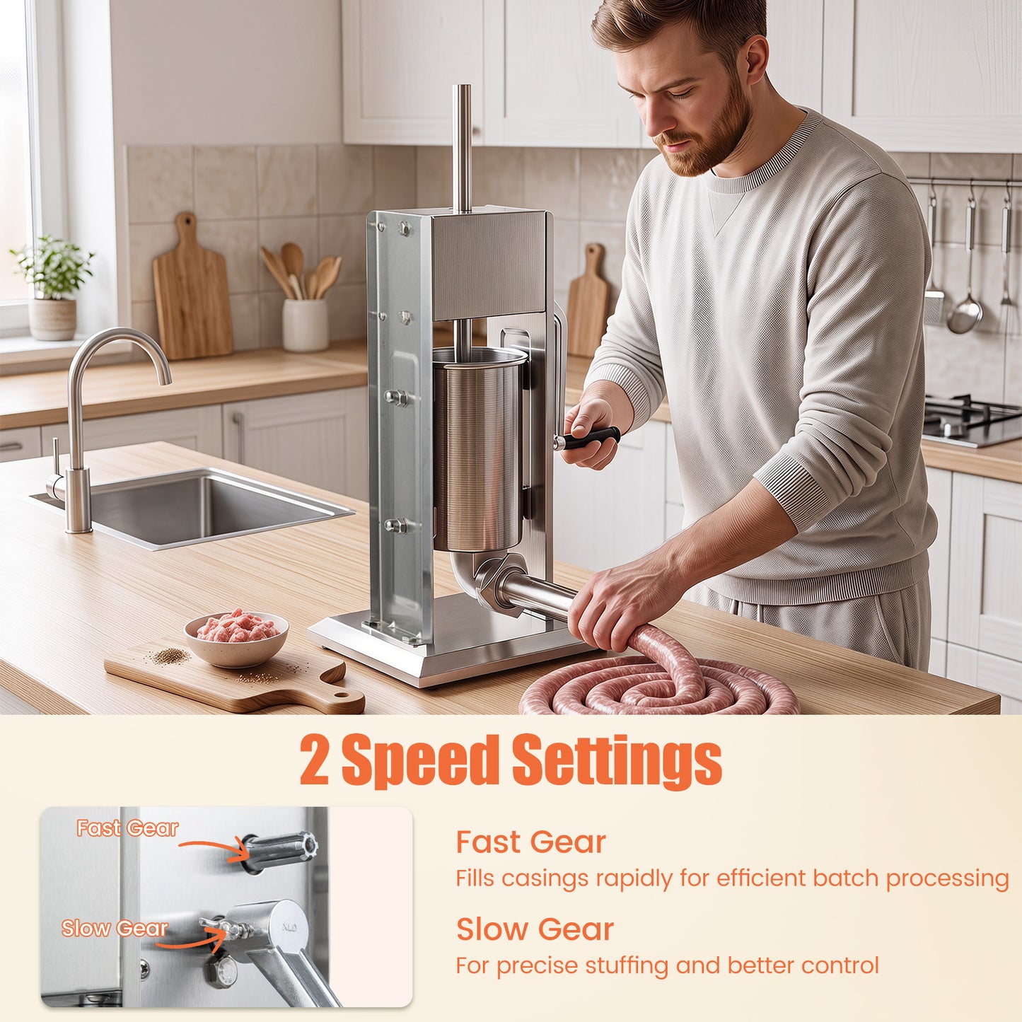 Stainless Steel Meat Filling Machine with 2 Speeds and 4 Stuffing Tubes for Home-3L