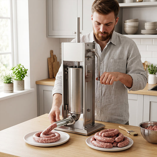 Stainless Steel Meat Filling Machine with 2 Speeds and 4 Stuffing Tubes for Home-5L