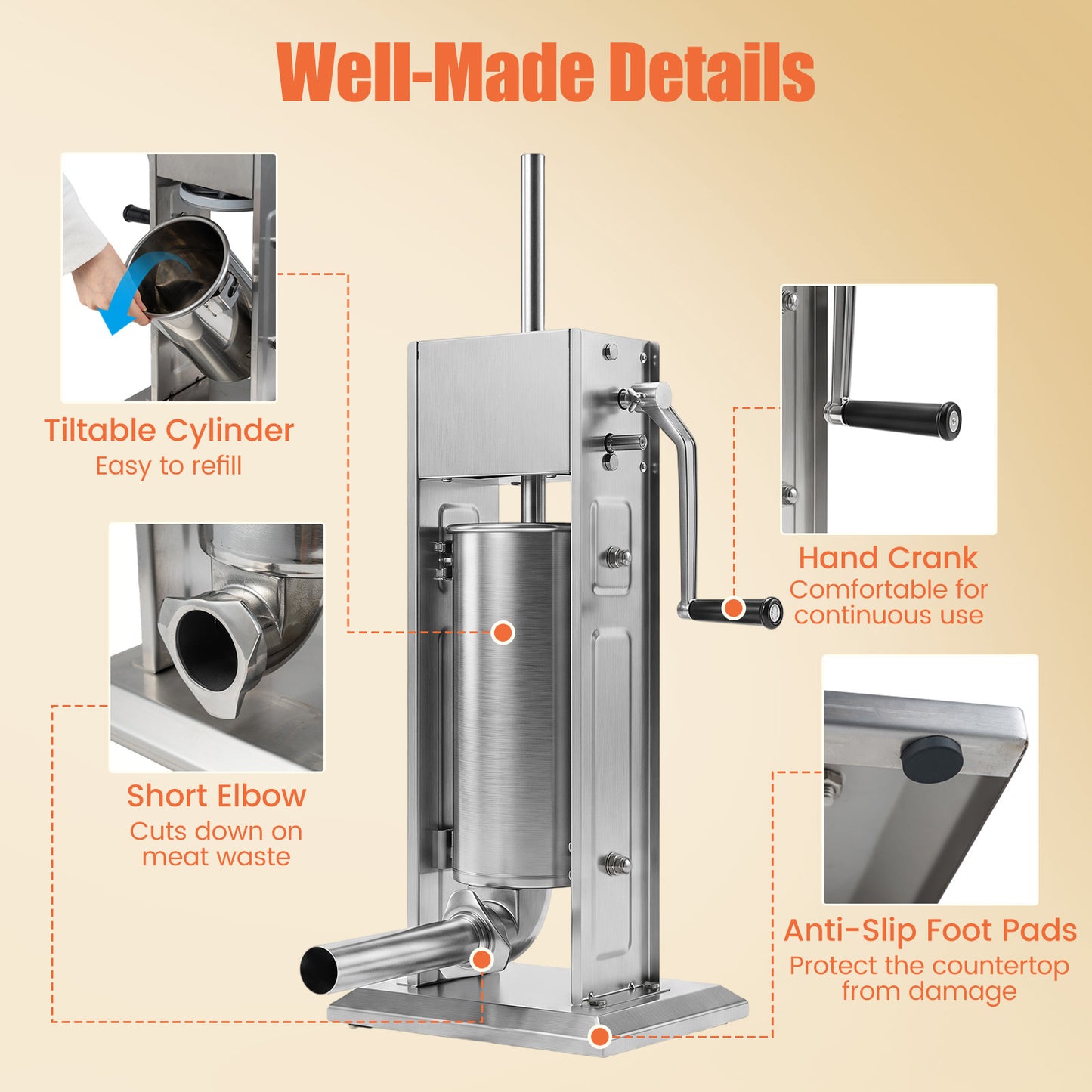 Stainless Steel Meat Filling Machine with 2 Speeds and 4 Stuffing Tubes for Home-5L