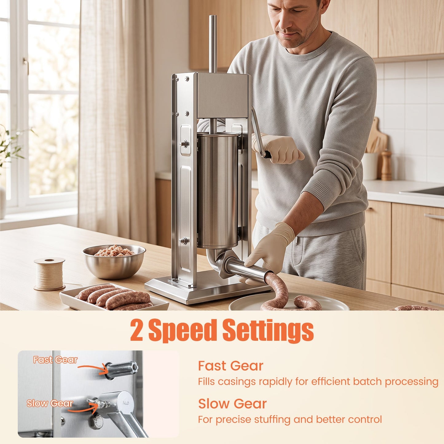 Stainless Steel Meat Filling Machine with 2 Speeds and 4 Stuffing Tubes for Home-5L