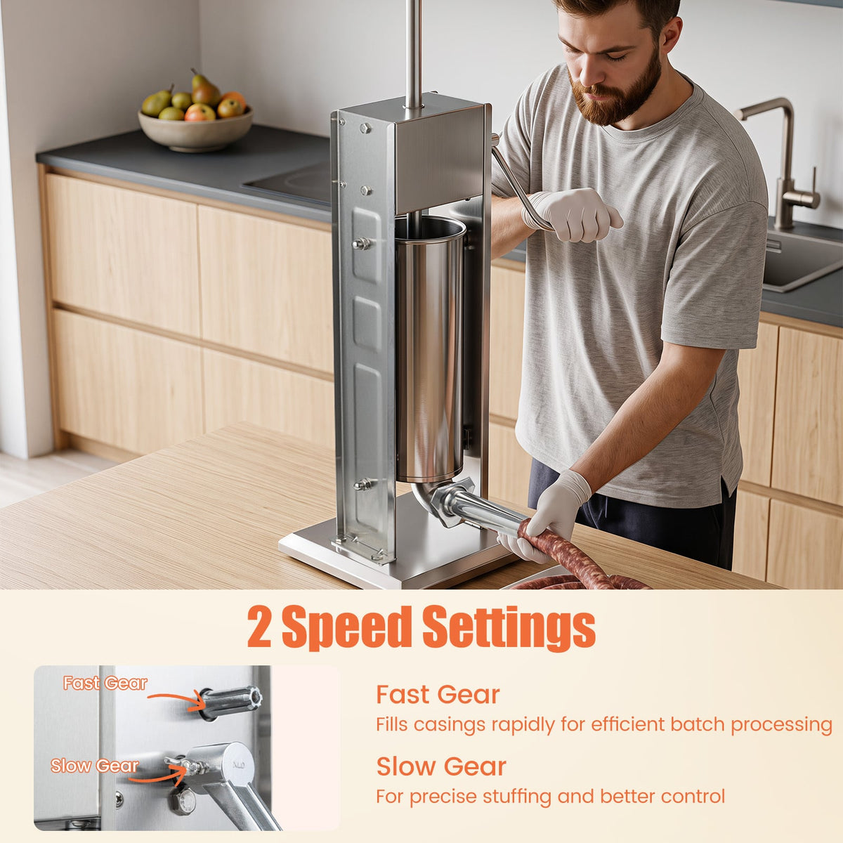 Stainless Steel Meat Filling Machine with 2 Speeds and 4 Stuffing Tubes for Home-7L