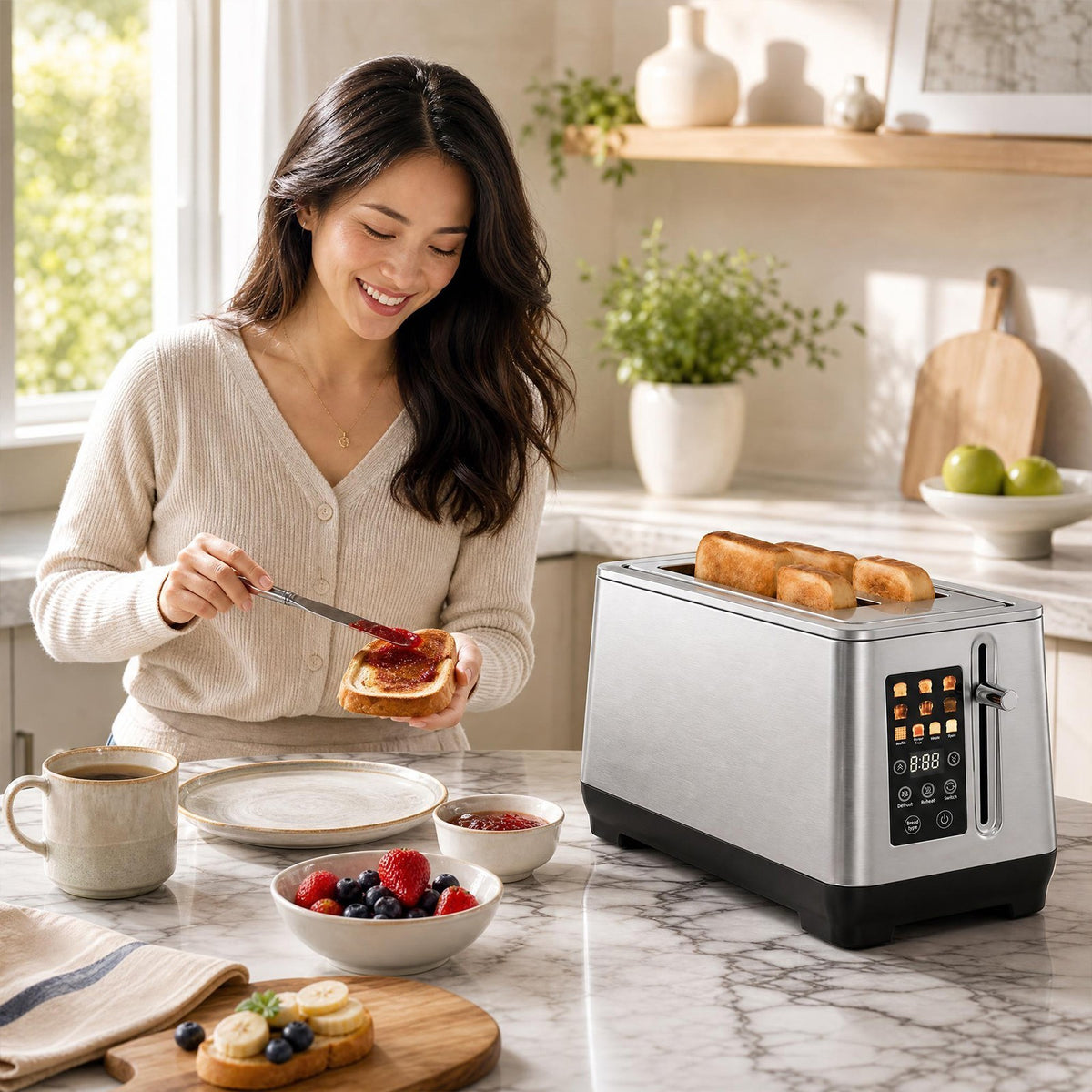 Stainless Steel Toaster with 6 Browning Levels and 4 Bread Types-Silver