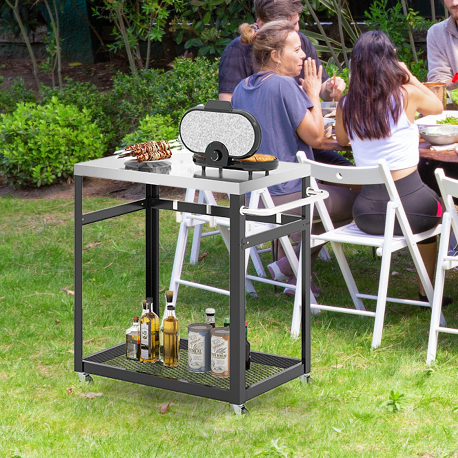 2-tier Stainless Steel Grill Cart with Wheels and Handle-Black