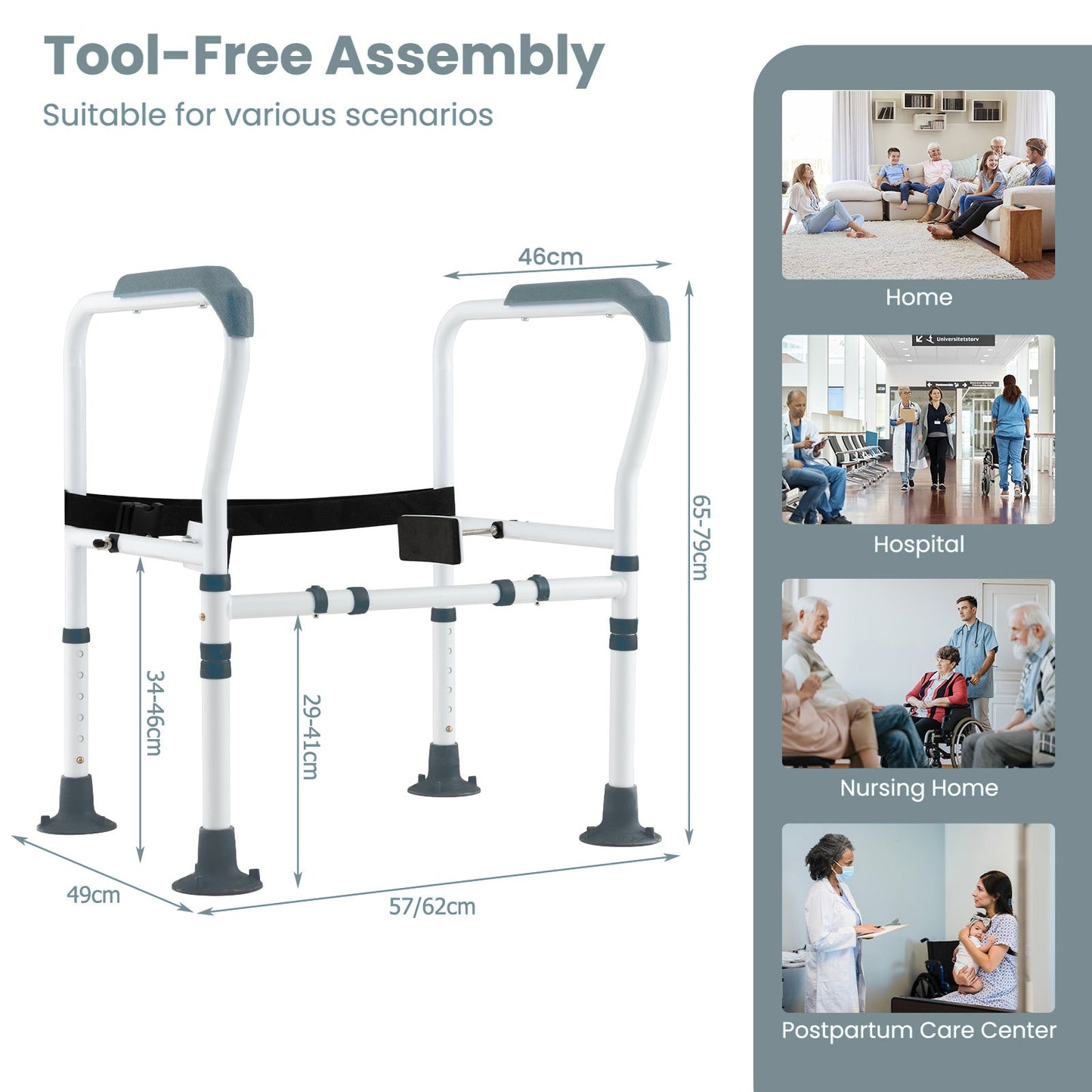 Stand Alone Toilet Safety Frame with Adjustable Height and Width-Grey