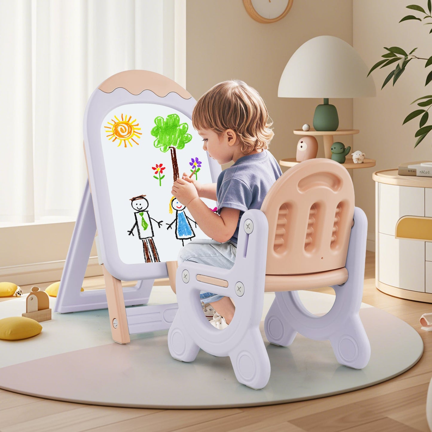 Height-adjustable and Foldable Standing Kids Art Easel with Chair-Pink & Purple