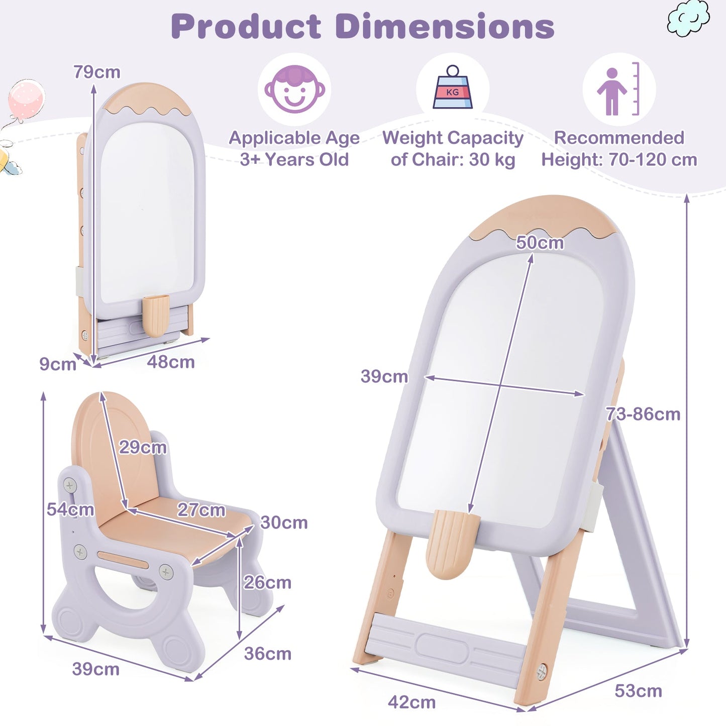 Height-adjustable and Foldable Standing Kids Art Easel with Chair-Pink & Purple