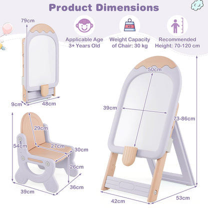 Height-adjustable and Foldable Standing Kids Art Easel with Chair-Pink & Purple