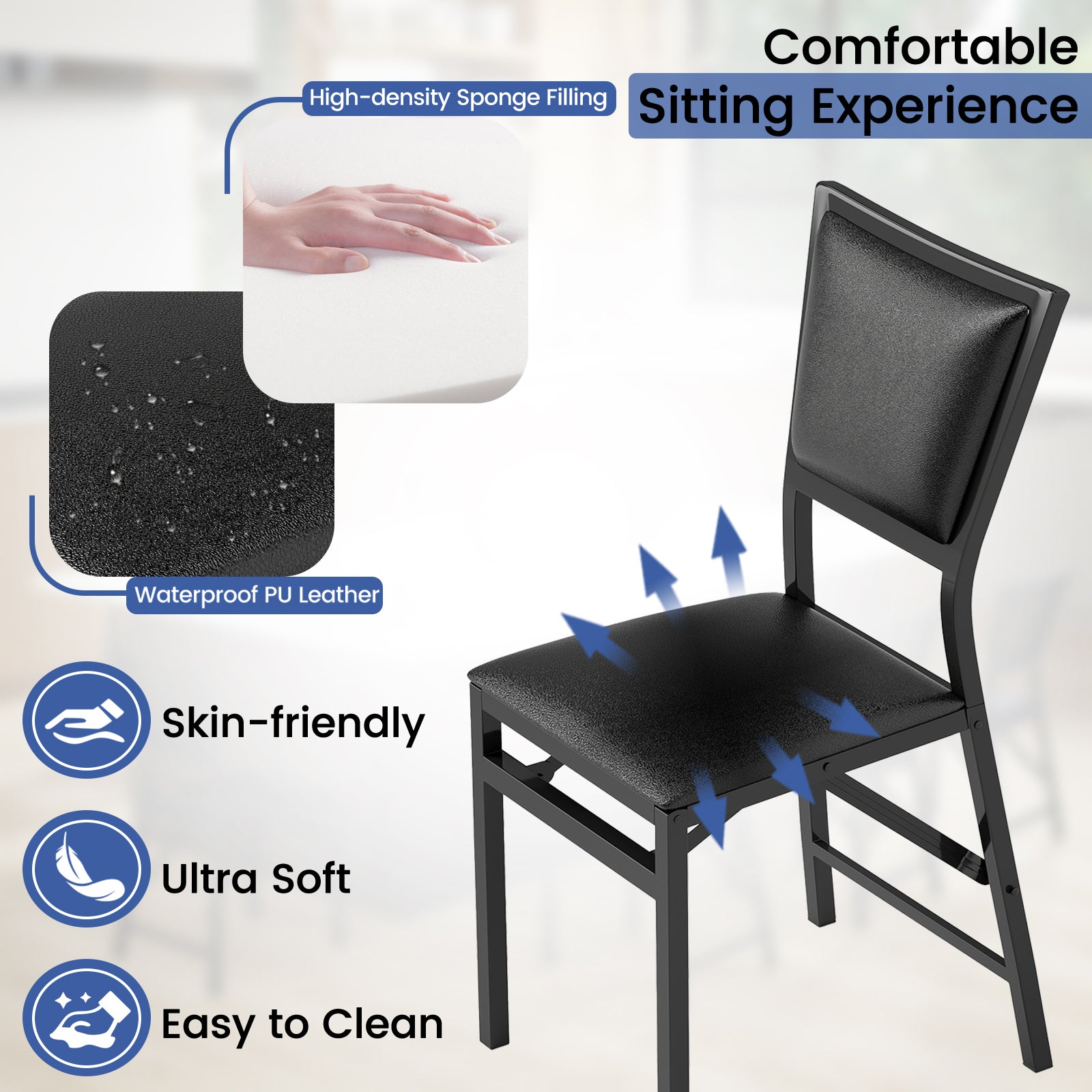Steel Folding Chair Set of 2 with High Backrest and Steel Frame